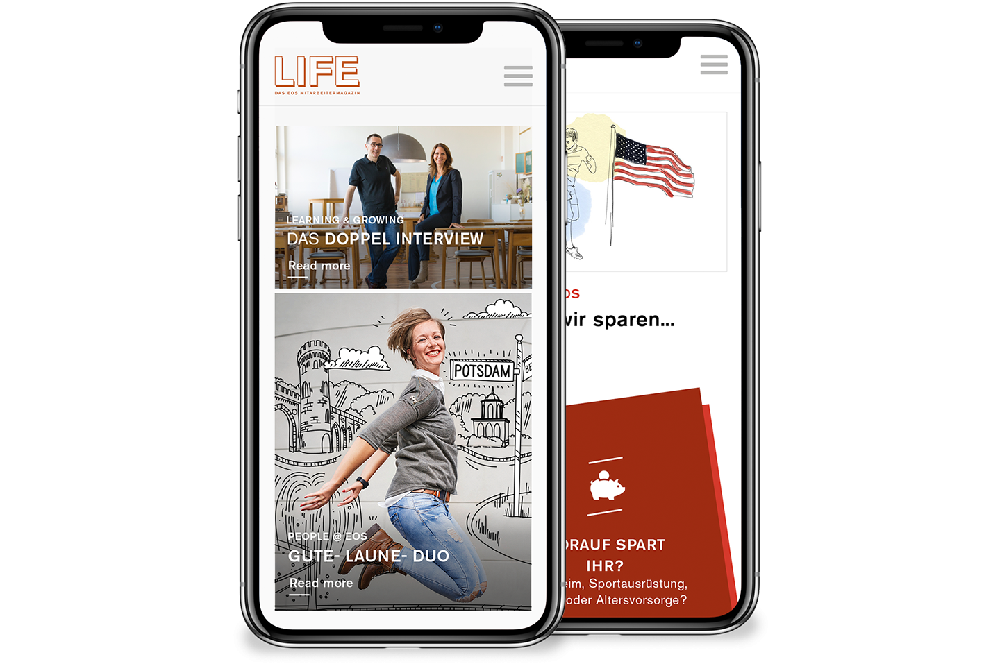 Mobile Darstellung des EOS Life Mitarbeitermagazins Mobile Darstellung digitales Mitarbeitermagazin